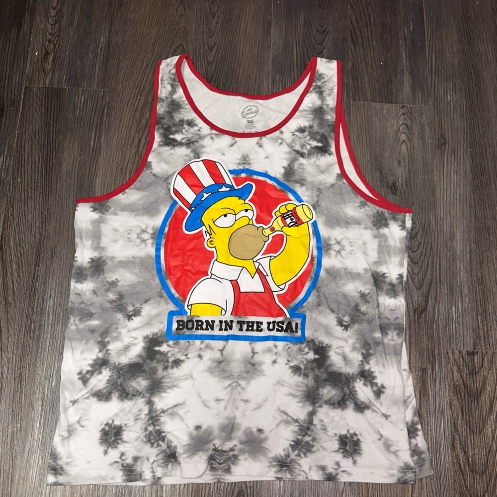 Homer Simpson Tank Top White / Gray Tie Dye Born In The USA Men's Size XL